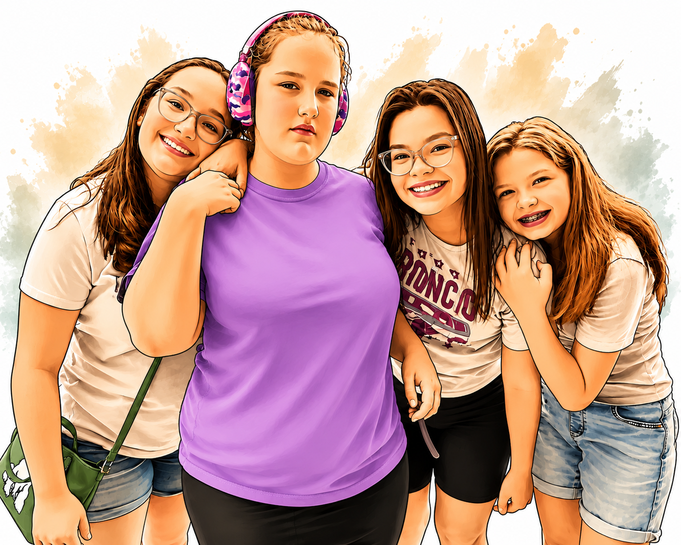 Four young girls with long hair, wearing casual clothes, standing close together and smiling. One girl is wearing purple headphones, and another is wearing glasses. The background features a light, textured, watercolor-style design.
