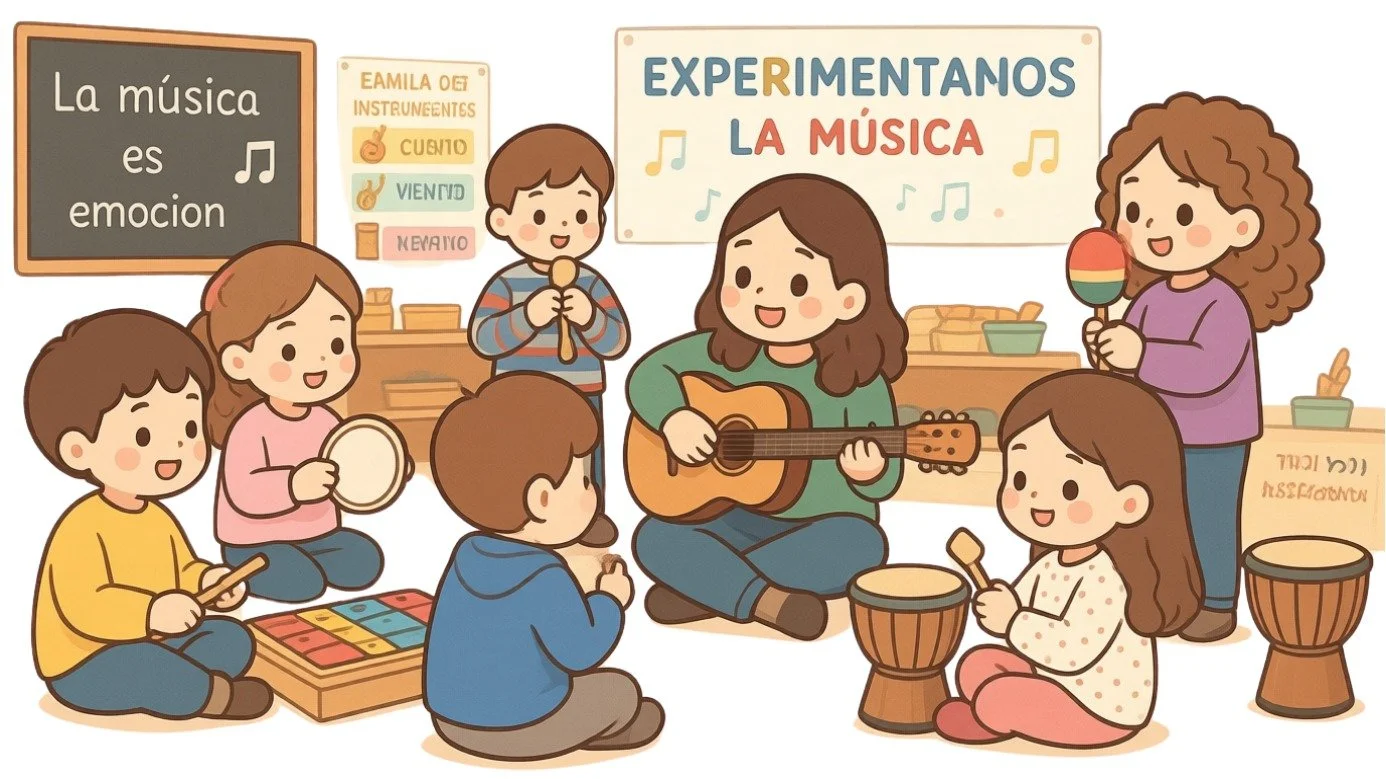 Niños y una adulta tocando instrumentos musicales en una actividad titulada 'Experimentamos la música'. La escena incluye una pizarra con la frase 'La música es emoción' y otros carteles relacionados con la música y los instrumentos.