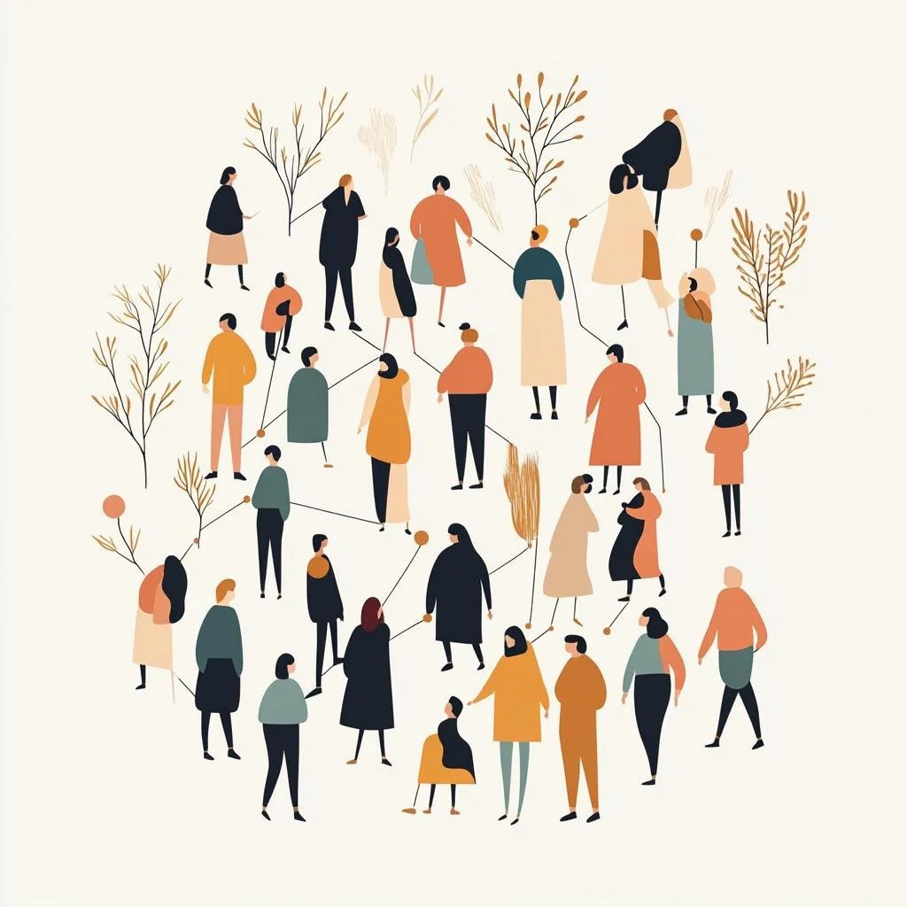 Ilustración de varias personas conectadas por líneas en un entorno con árboles dispersos.