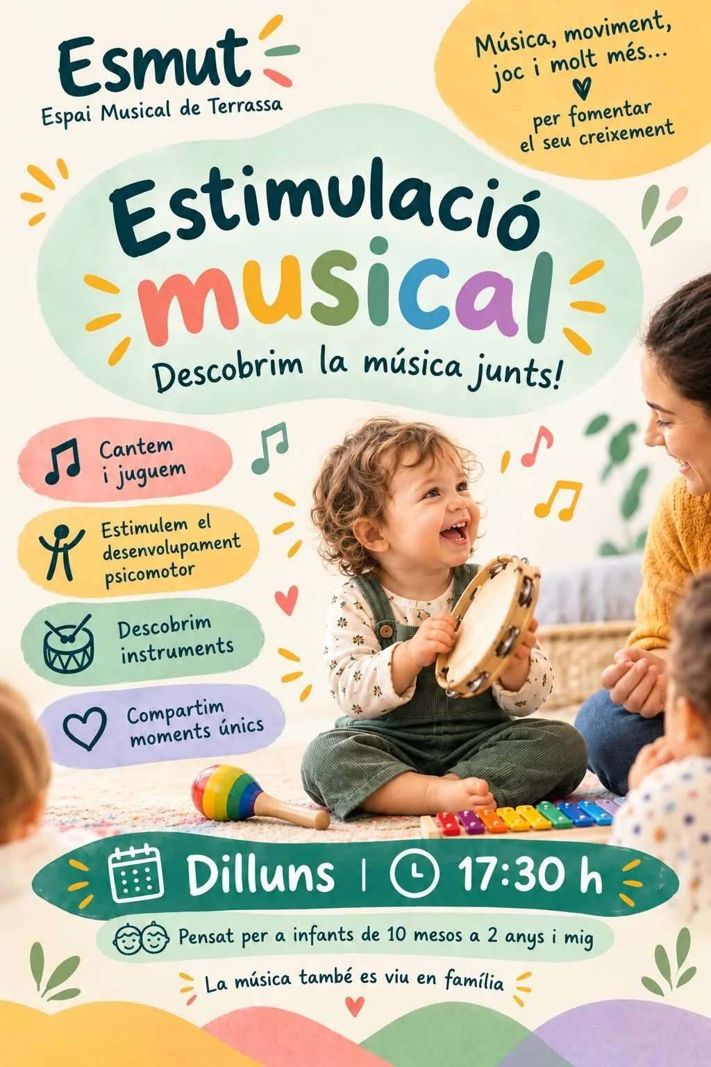 Cartel promocional de actividades musicales para niños en Espai Musical de Terrassa, con información sobre el evento, horario y actividades como cantar, jugar, descubrir instrumentos y compartir momentos únicos.