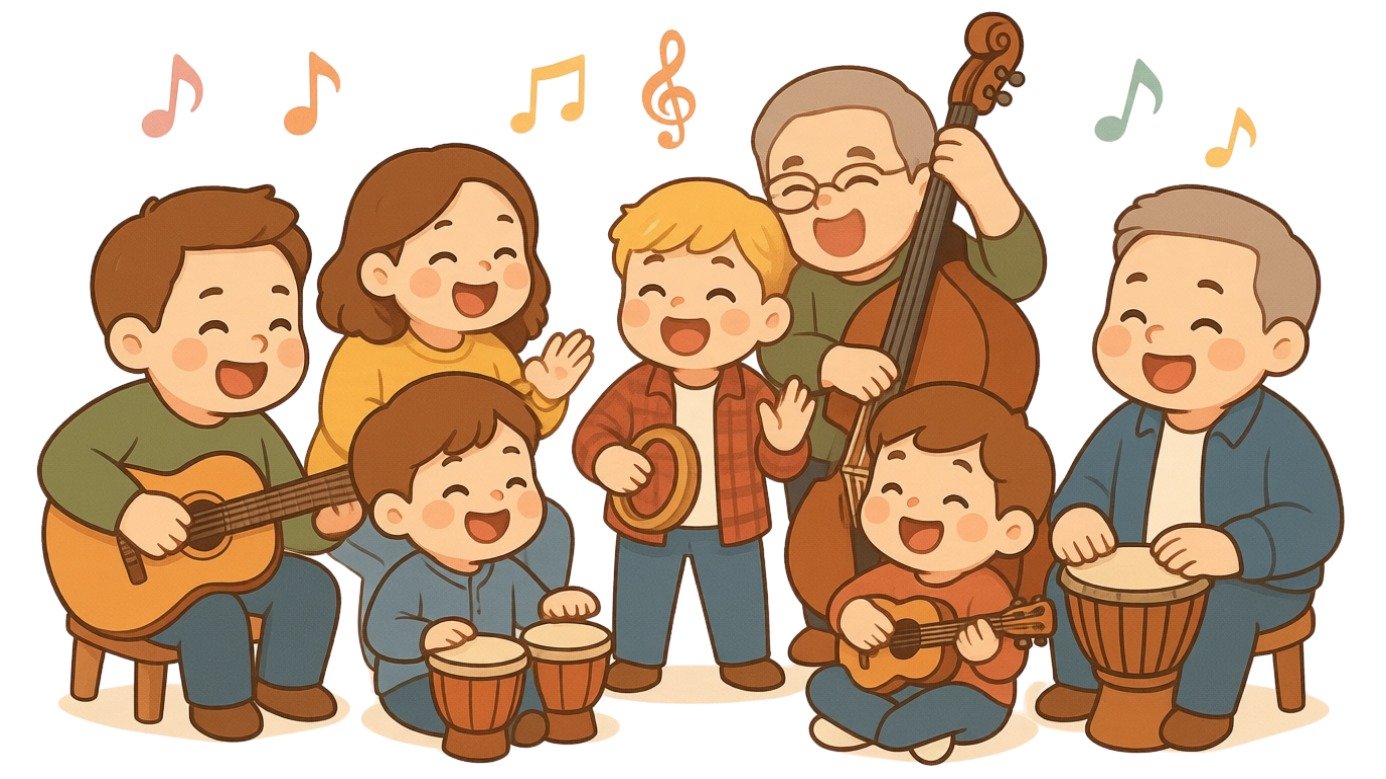 Grupo de niños y un adulto tocando instrumentos musicales y cantando juntos, riendo y disfrutando la música.