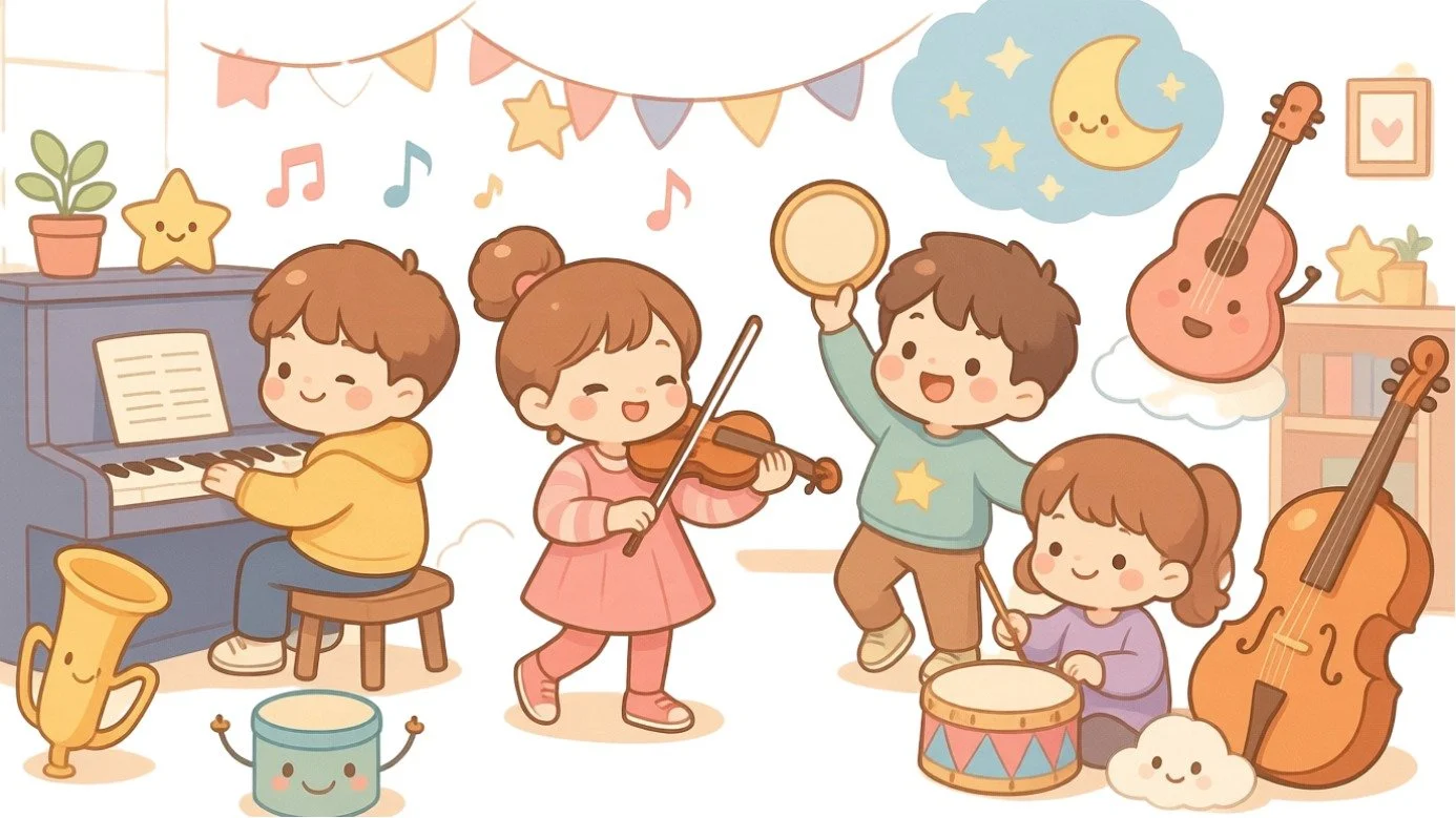 Grupo de niños tocando instrumentos musicales en una reunión, con decoraciones de fiesta y un cielo con luna y estrellas en el fondo.