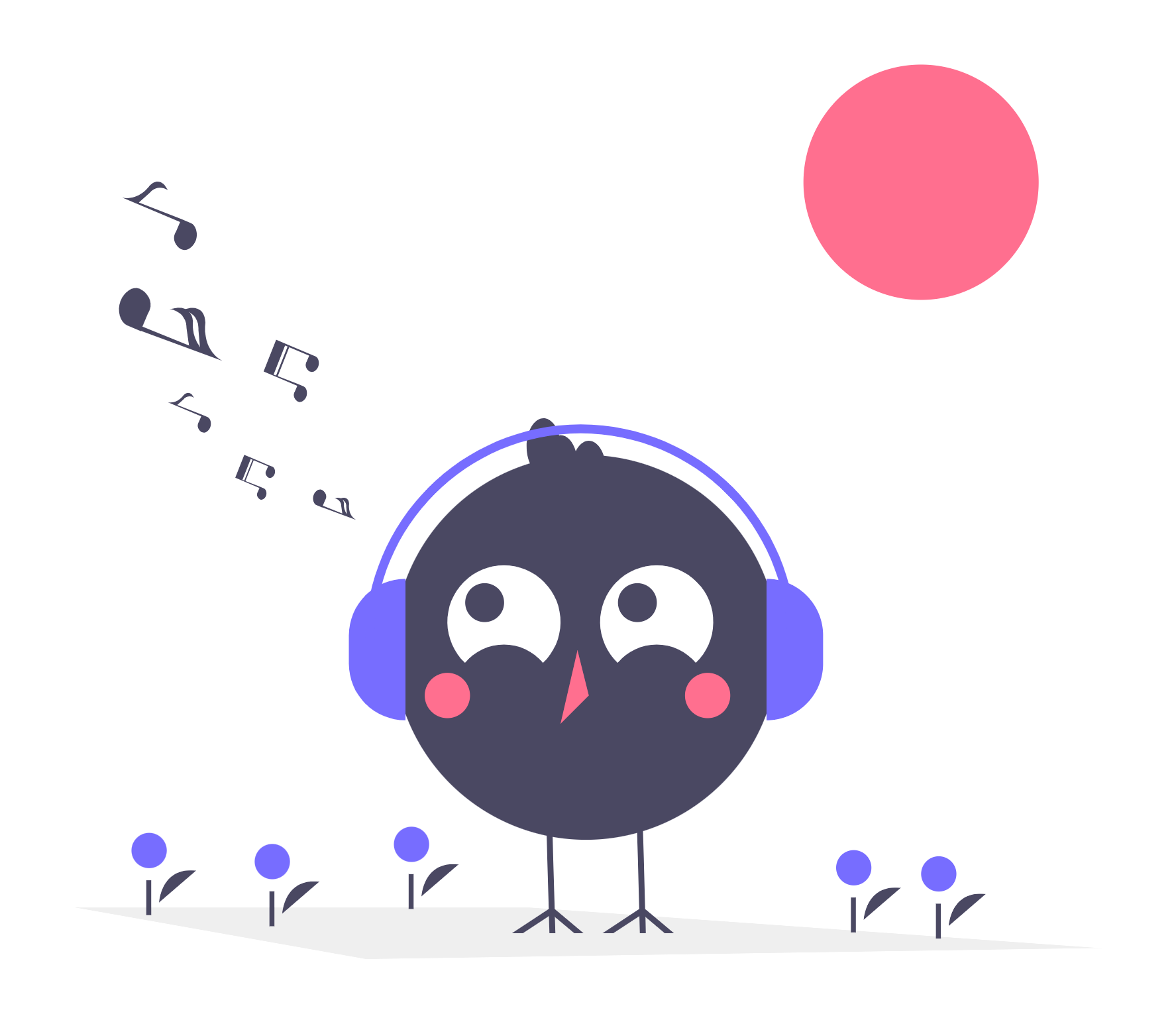 Pájaro con cabeza de reloj con auriculares, rodeado de notas musicales y puntos de colores, con ojos grandes y expresión sorprendida.