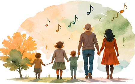 Una familia caminando de la mano en un parque con árboles y notas musicales flotando en el aire, en un ambiente alegre y tranquilo.