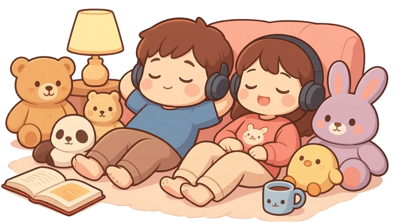 Dibujo de dos niños en bata sentados en el suelo con diferentes peluches y un libro abierto, disfrutando de música con auriculares.