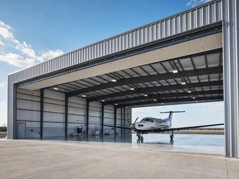 A private jet parked inside a large airplane hangar with an open sliding door, on a clear day with blue skies.