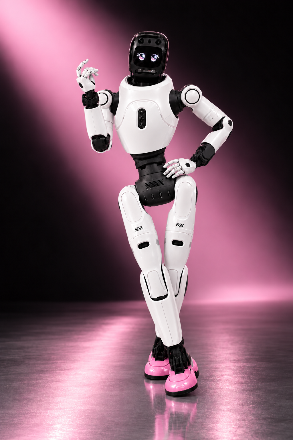 Zela, a black-and-white humanoid robot with pink shoes, posing confidently in a black and pink studio.