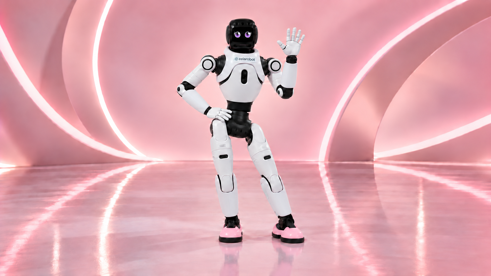 Zela, ZELABOT’s white and black humanoid robot with pink shoes, waving against a futuristic pink background.