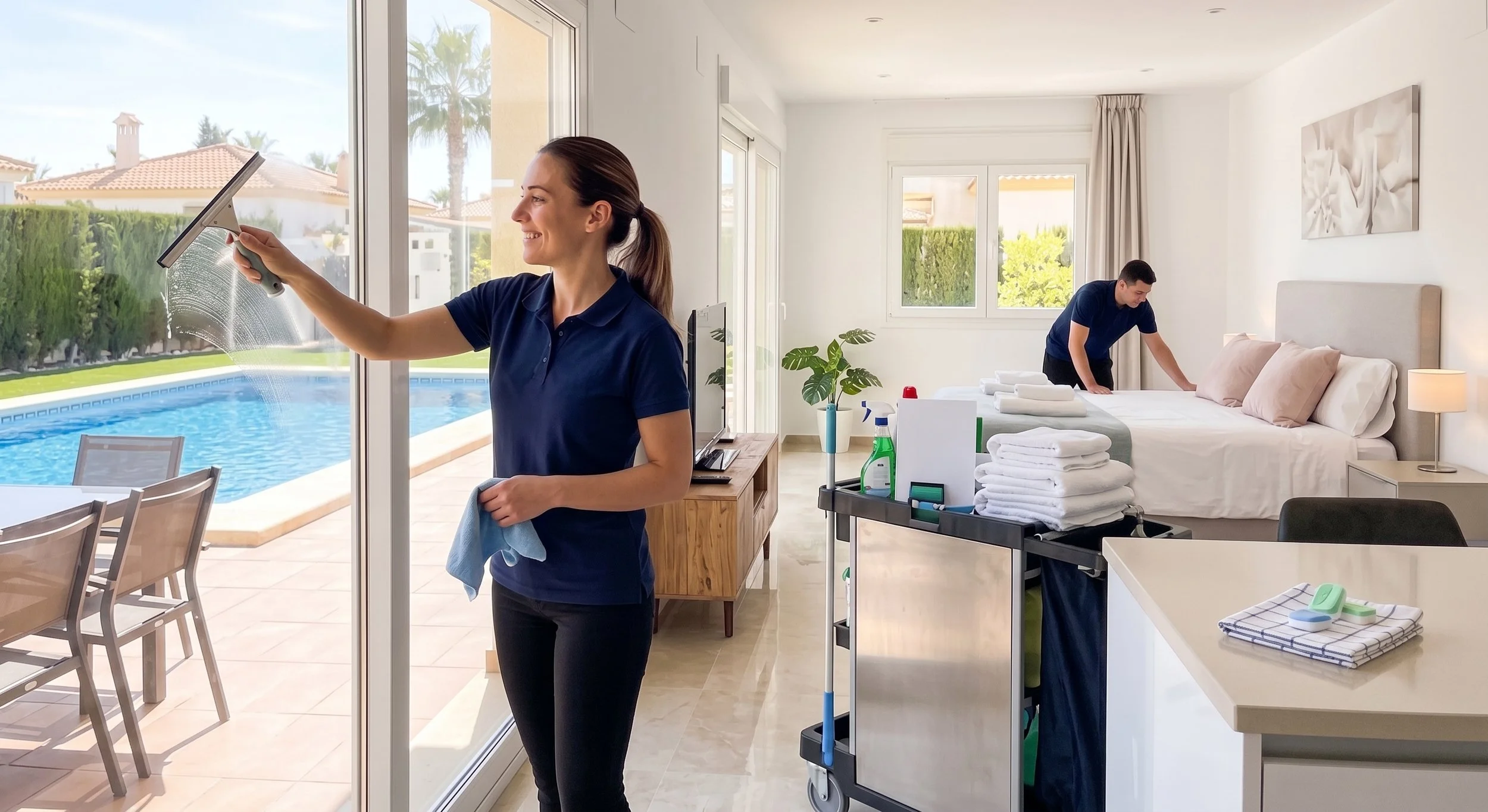 A woman is cleaning a large glass door with a squeegee while a man neatly makes a bed in a bright, modern hotel room. The room has white walls, large windows, and a view of a swimming pool and palm trees outside.