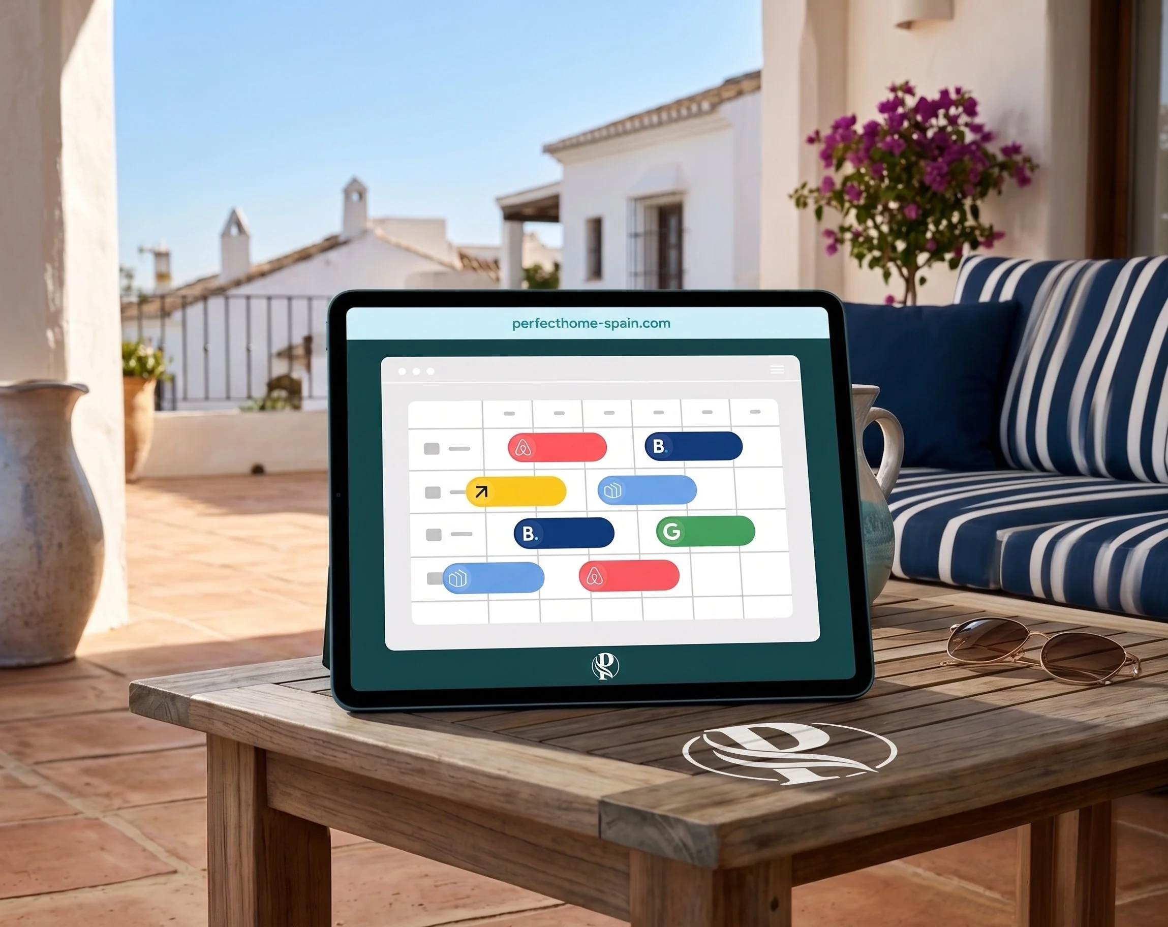Tablet displaying a calendar app on a wooden table outdoors with white buildings, blue sky, fuchsia flowers, and striped cushions in the background showing Rental management of Perfect Home Spain