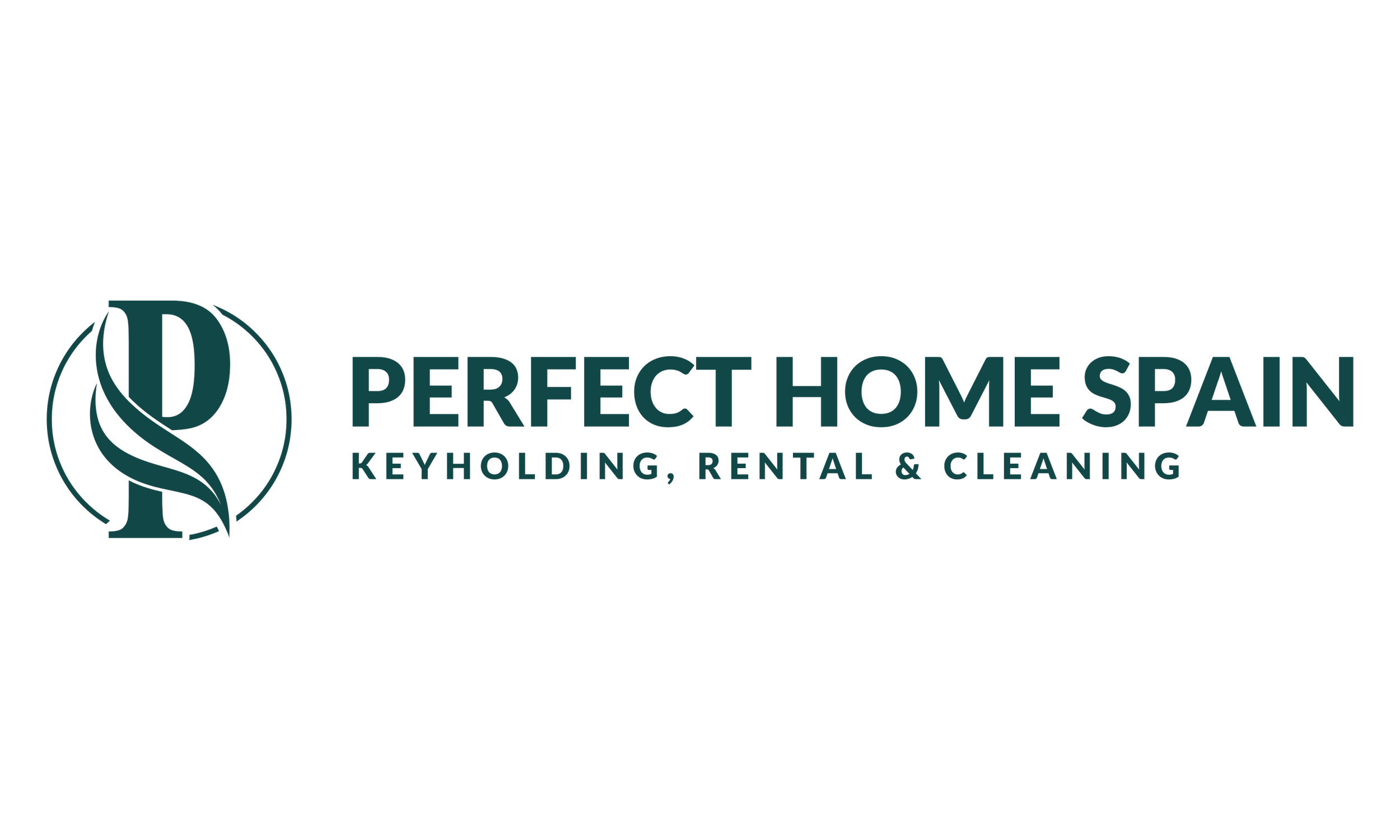 Logo for Perfect Home Spain with a circular emblem featuring a stylized house and leaves, and text indicating keyholding, rental, and cleaning services.