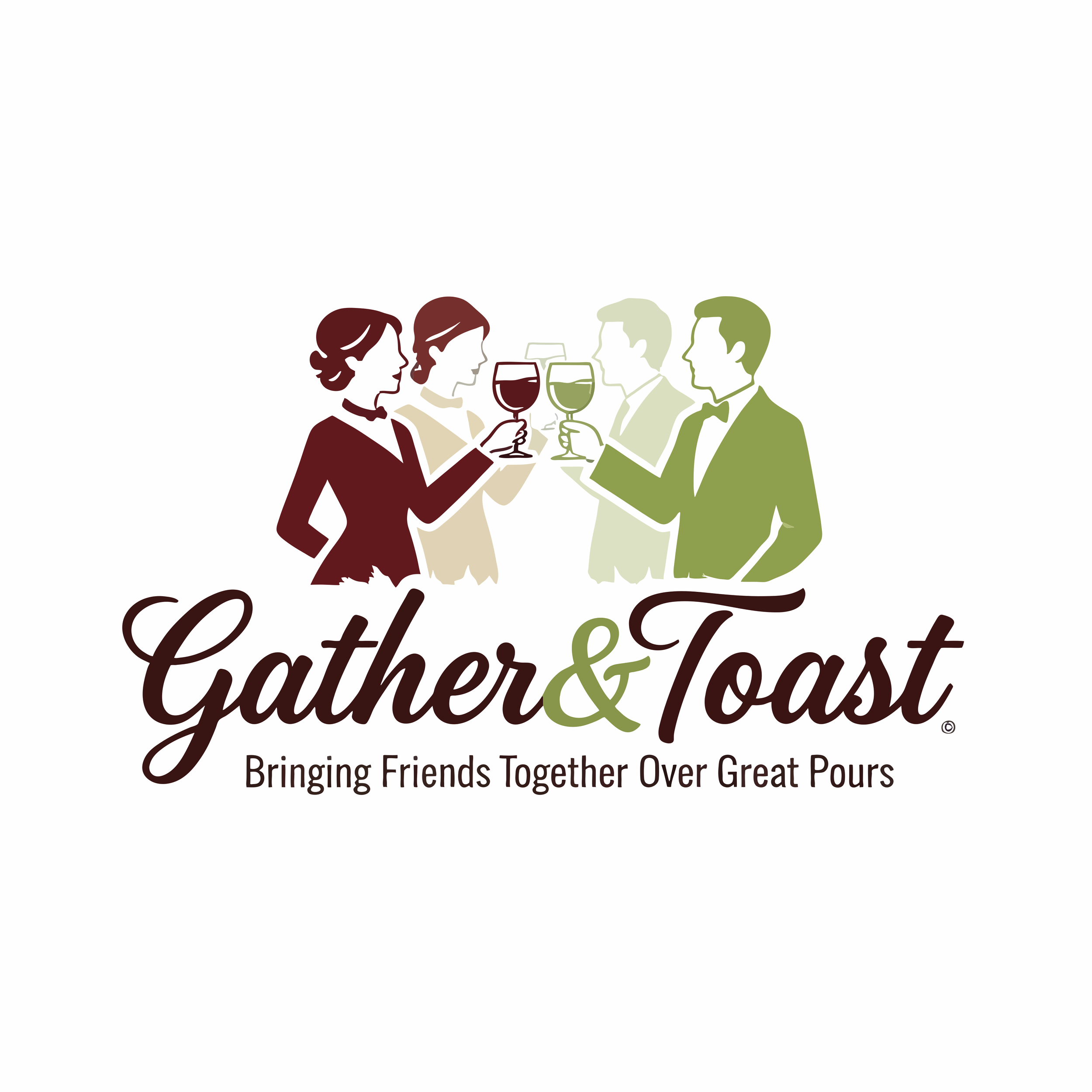 Illustration of four people, two women and two men, toasting with glasses of wine in a social setting, with decorative text that reads 'Catherine & Ton'.