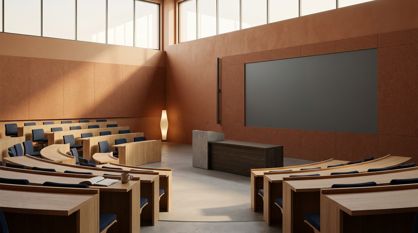 Auditório vazio com cadeiras de madeira e assentos azuis, parede de vidro permitindo luz natural, quadro na parede, mesa com microfone e livros na frente da sala.