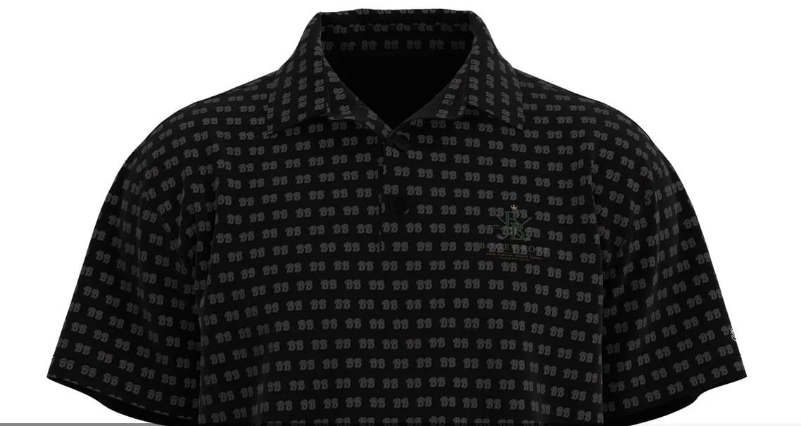 Black short-sleeve button-up shirt with a pattern of repeated white logos and a small embroidered logo on the chest pocket.