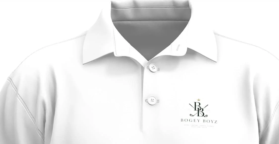 A white polo shirt with the logo and text "Bogy Boyz" printed on the left chest area.