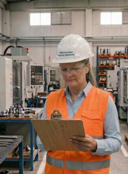A woman in safety gear, including a white hard hat and orange safety vest, inspecting documents in an industrial manufacturing setting.