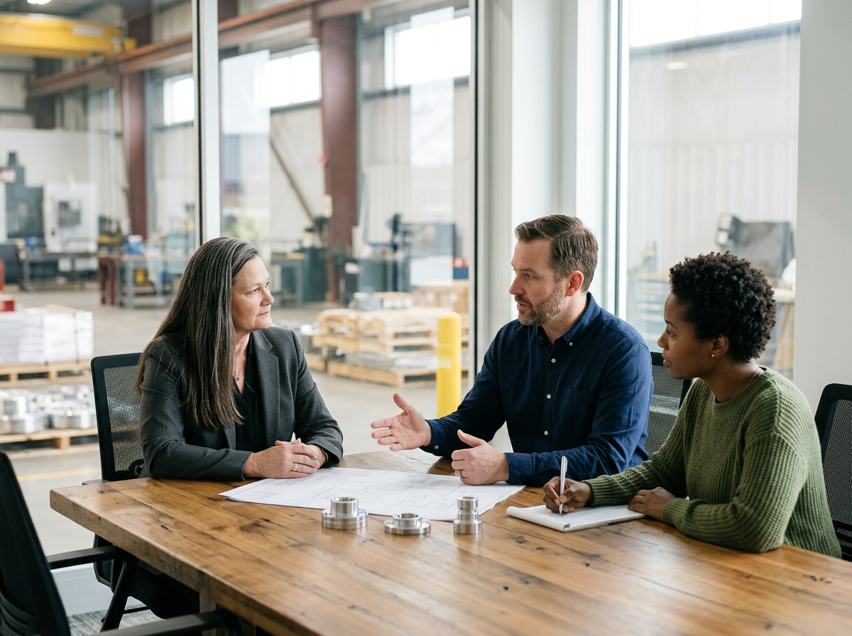 Three people having a discussion at a wooden table in an industrial office or workshop with large windows and equipment in the background.