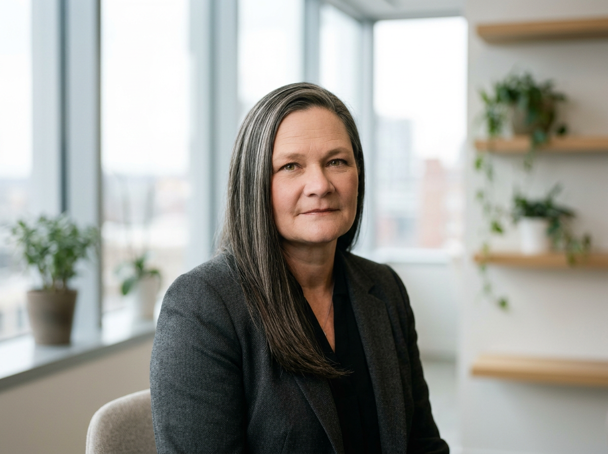 A middle-aged woman with long dark hair and light skin, wearing a dark blazer, sitting in a bright, modern office with windows and potted plants in the background.