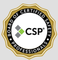 CSP certification badge with a black border, gold outer border, and the text 'Board of Certified Safety Professionals Professionals' around the edge, and a central logo with green and gray squares and the letters 'CSP'