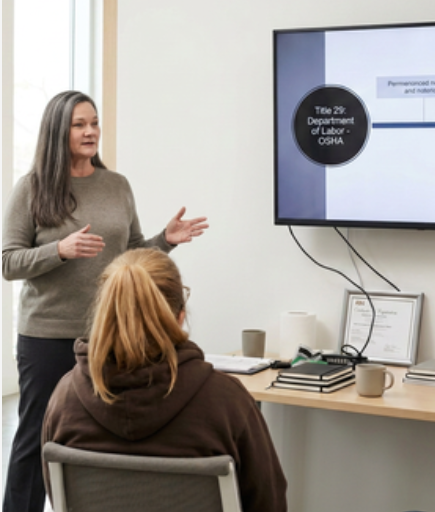A woman presenting a slide on OSHA at a classroom or meeting room, with an audience member sitting at a desk in front of a large screen.