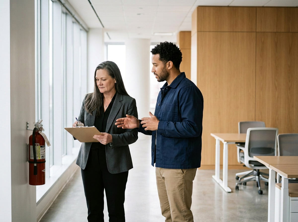 Two people, a woman and a man, standing in a modern office hallway near a fire extinguisher, engaged in a discussion. The woman is holding a clipboard and a pen, while the man gestures with his hands. There are wooden walls and empty office chairs and tables in the background.