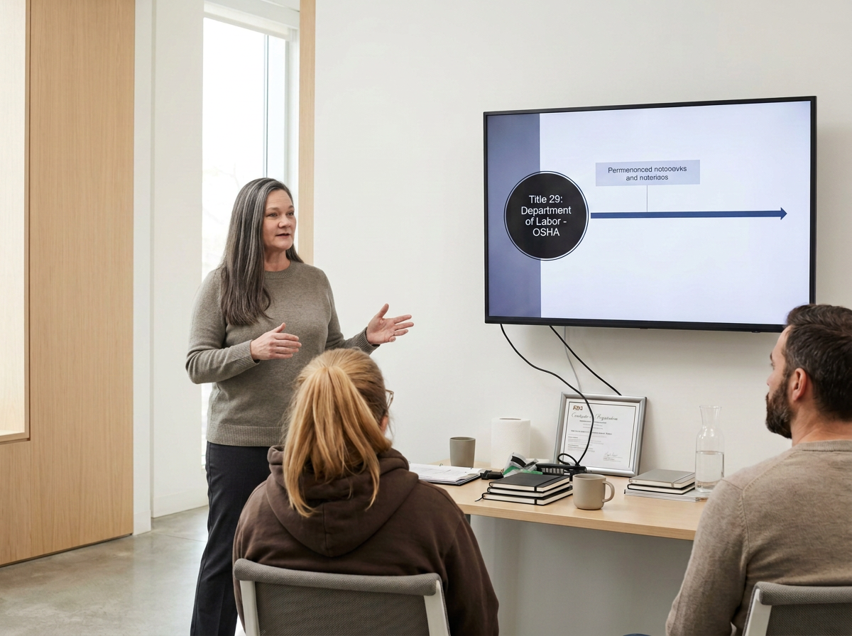 A woman presents a PowerPoint slide on a large screen to three colleagues in a conference room. The slide is titled 'Title 29: Department of Labor - OSHA' and contains a horizontal timeline. There are notebooks, mugs, a framed certificate, a water pitcher, and a glass on the table.