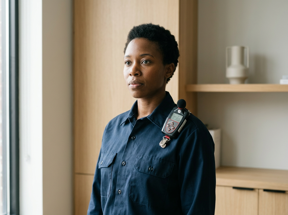 A woman with short curly hair wearing a dark blue uniform with a noise dosimeter on her shoulder, standing in a room with light-colored wood furnishings and a large window.