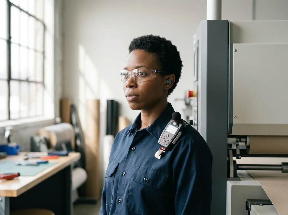 A woman in a navy work uniform with safety glasses, ear plugs, and a dosimeter, standing in an industrial or workshop environment with large windows and worktables.