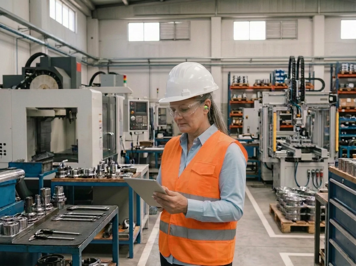 A woman wearing a safety helmet, glasses, ear protection, and an orange safety vest inspects parts in an industrial manufacturing setting with machinery and workbenches around her.