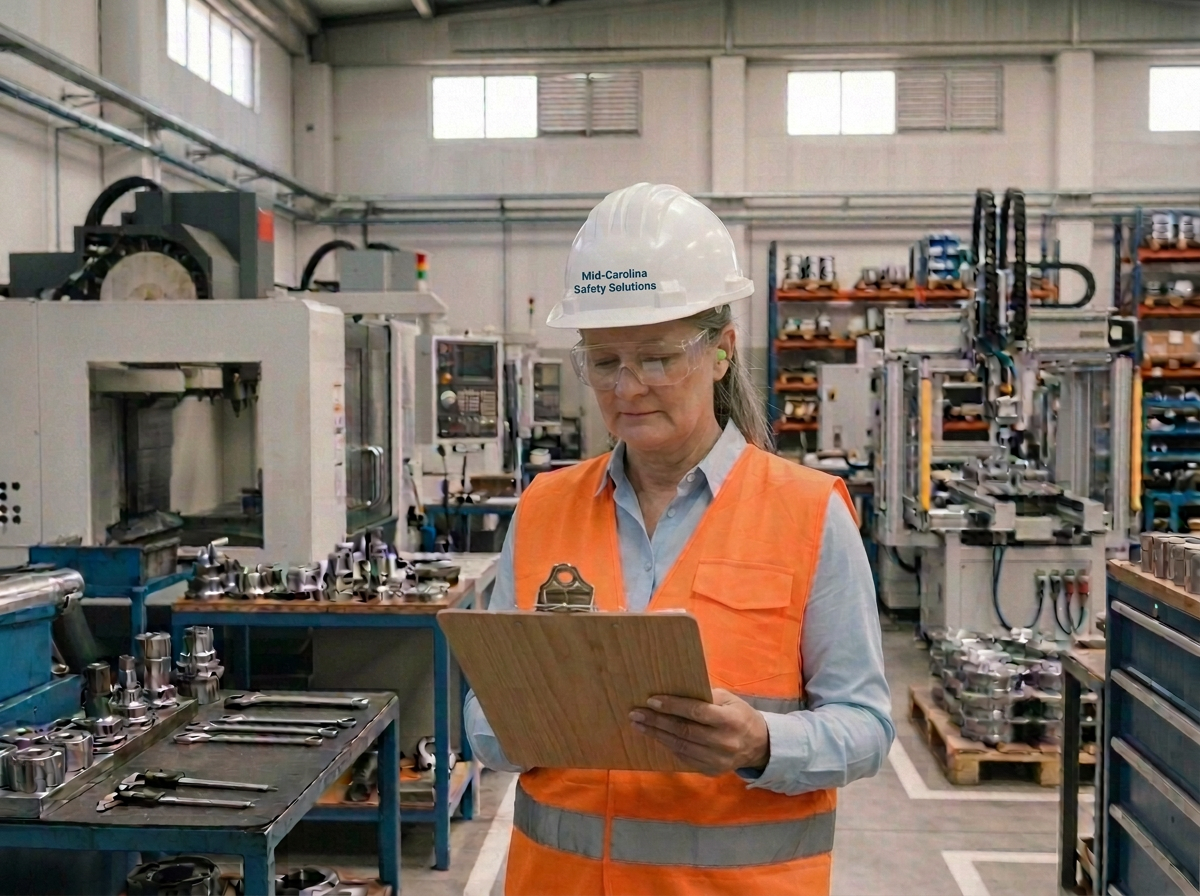 A woman in safety gear, including a hard hat labeled 'Mid-Carolina Safety Solutions' and safety glasses, is inspecting a clipboard in an industrial workshop with machinery and tools around her.