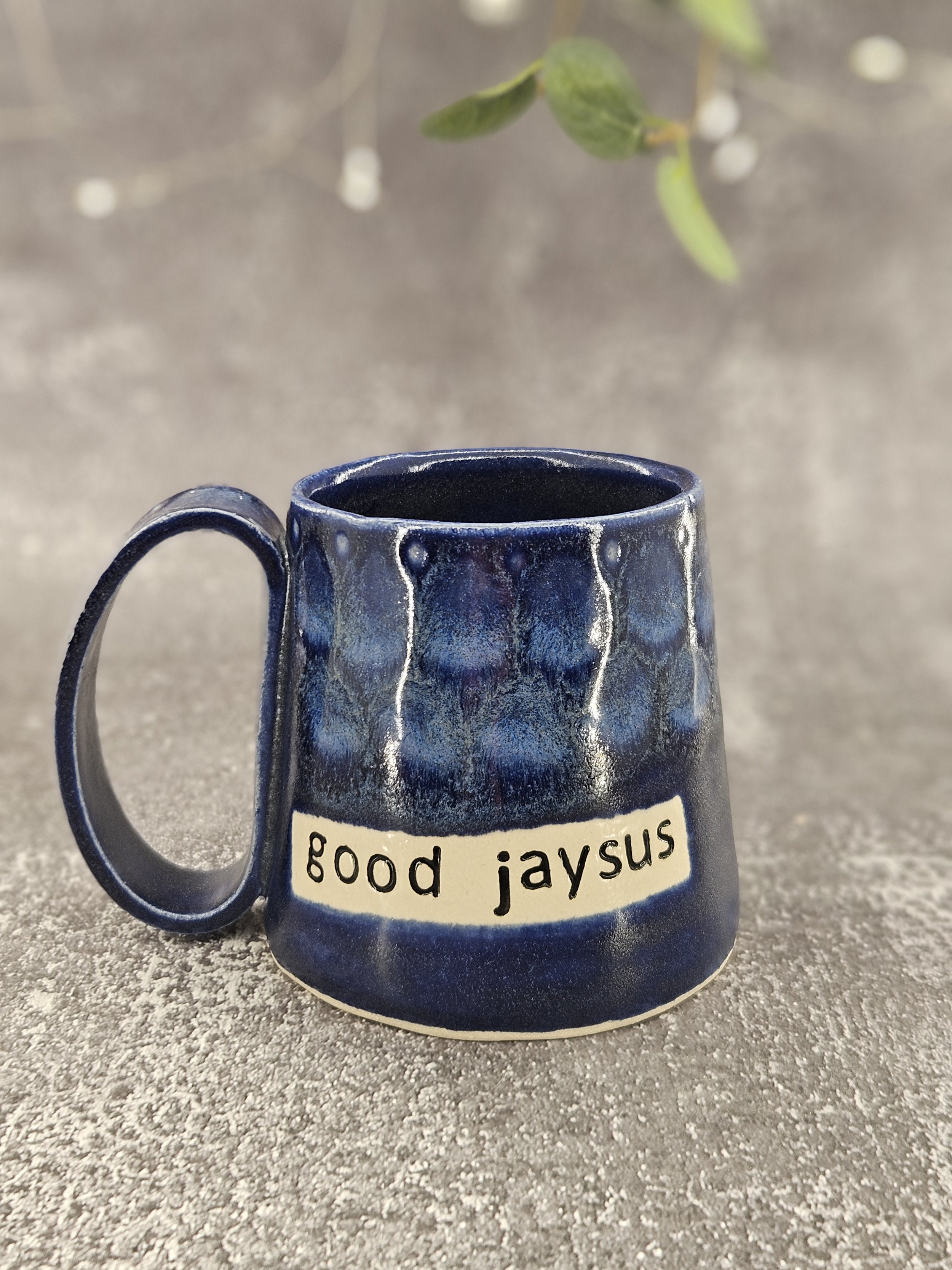 Blue good jaysus mug