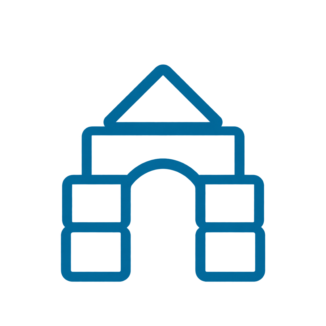 Blue line-art icon of a house with a pitched roof, central arched doorway, and four windows