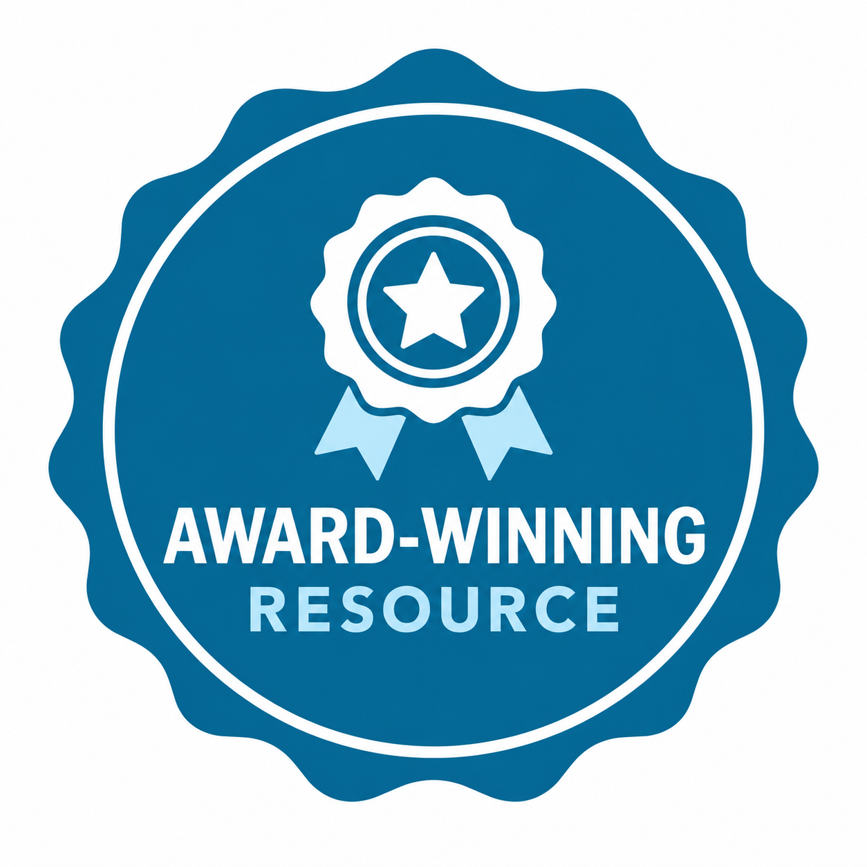 Blue award-winning resource badge with a ribbon and star emblem