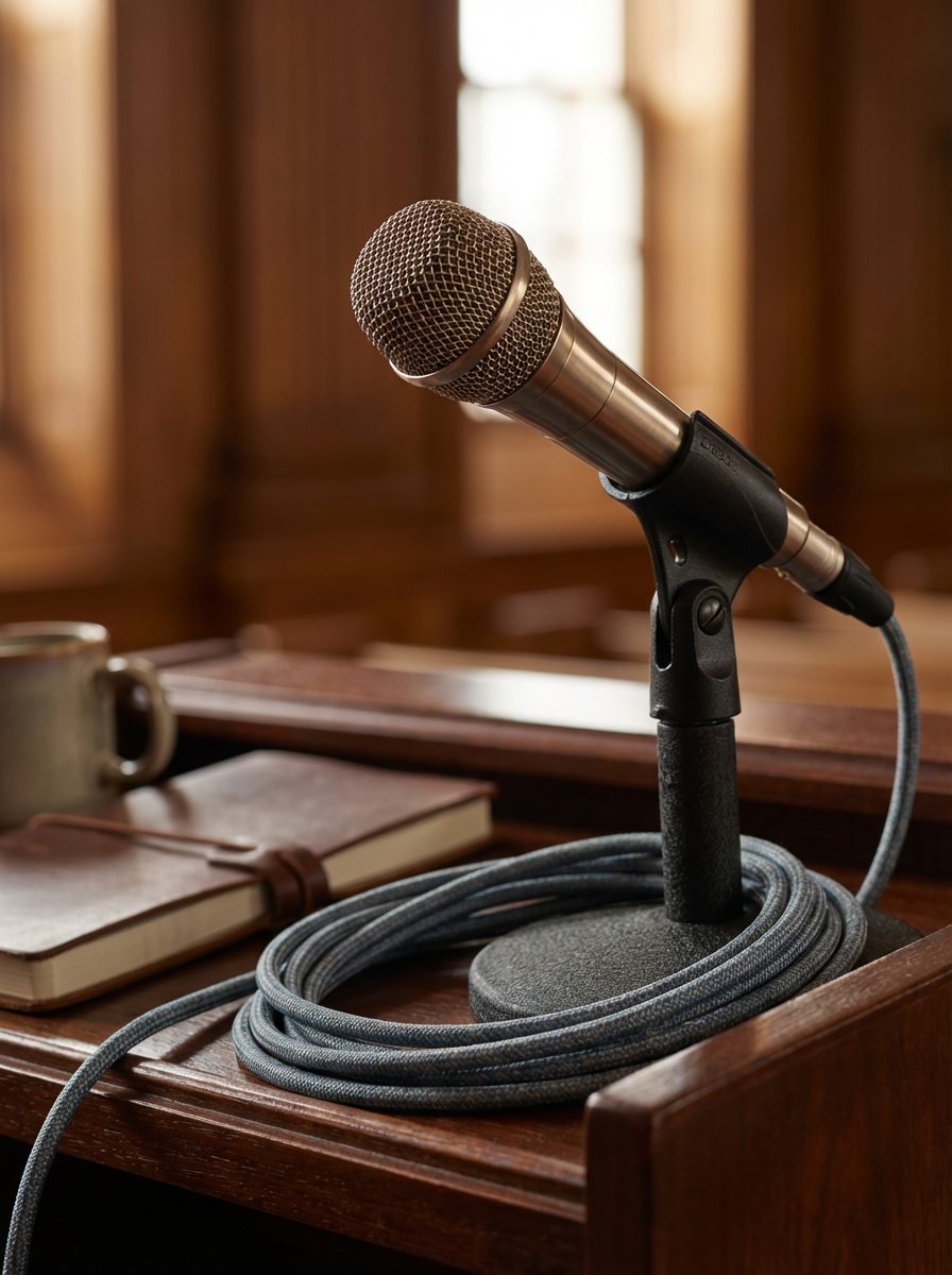 A microphone on a stand placed on a wooden desk with a coiled cable, an open notebook with a pen, and a coffee mug in the background.