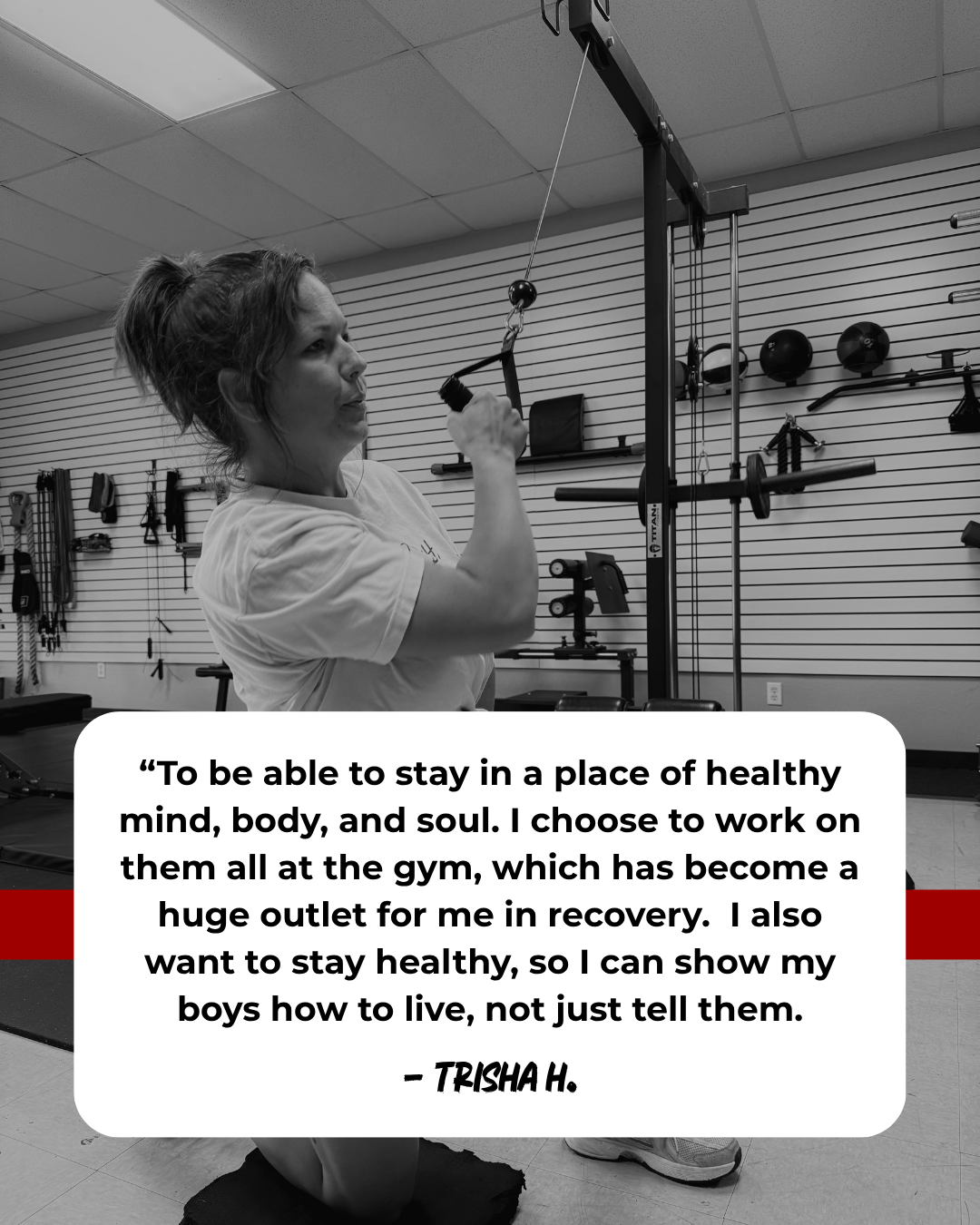 A woman in a gym performing a cable exercise, with workout equipment hanging on the wall behind her, and a motivational quote about health and recovery overlaid on the image.
