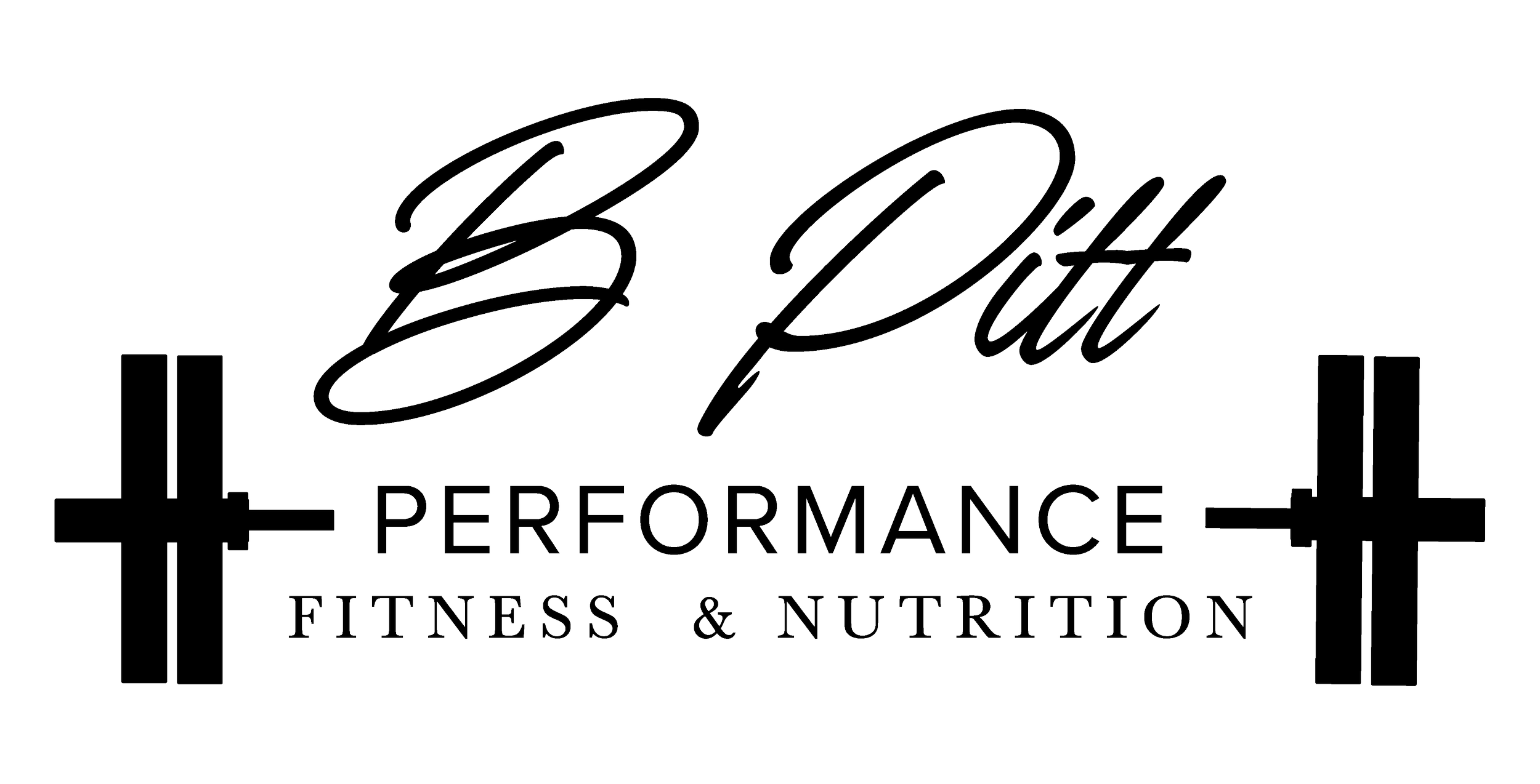 Logo for B Pitt Performance, a fitness and nutrition performance business, featuring a barbell with weights, cursive 'LP Fit' text, and the words 'Performance Fitness & Nutrition'.