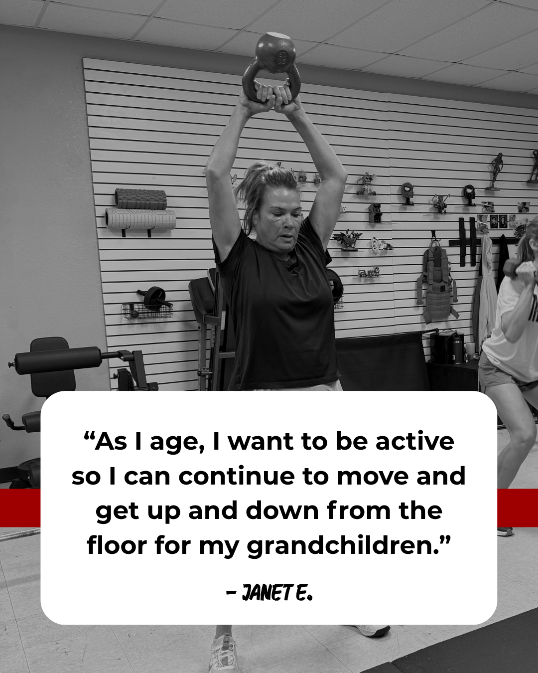A woman holding a kettlebell above her head during exercise in a gym, with a quote about staying active for her grandchildren.