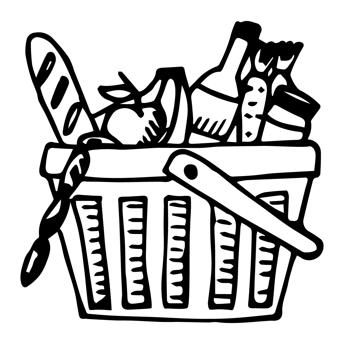 Black and white diagram of the human digestive system showing the stomach, intestines, and other organs.
