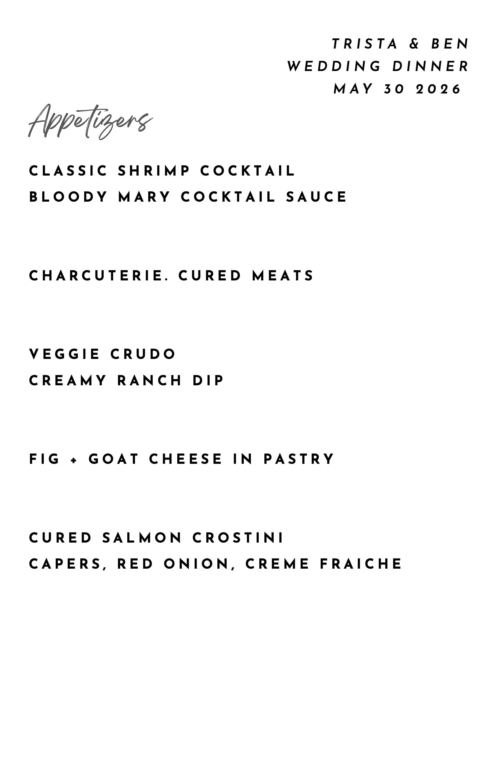 Wedding Appetizer Menu Sample