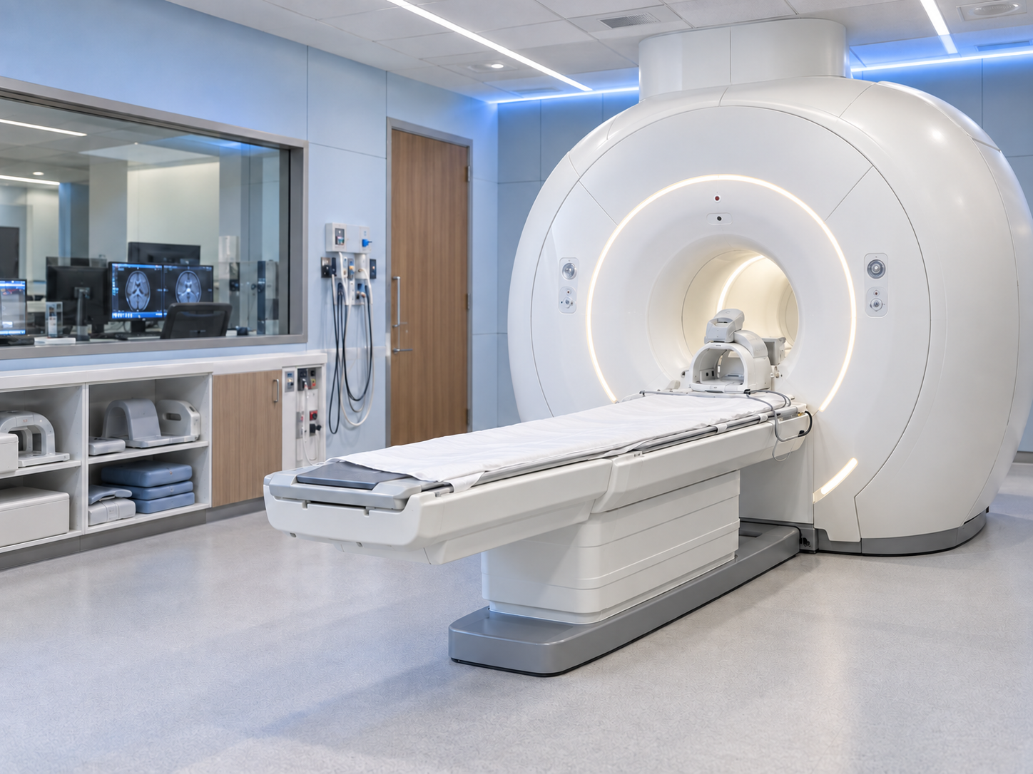 A modern MRI machine with a sliding patient table in a medical facility with blue walls and medical equipment.