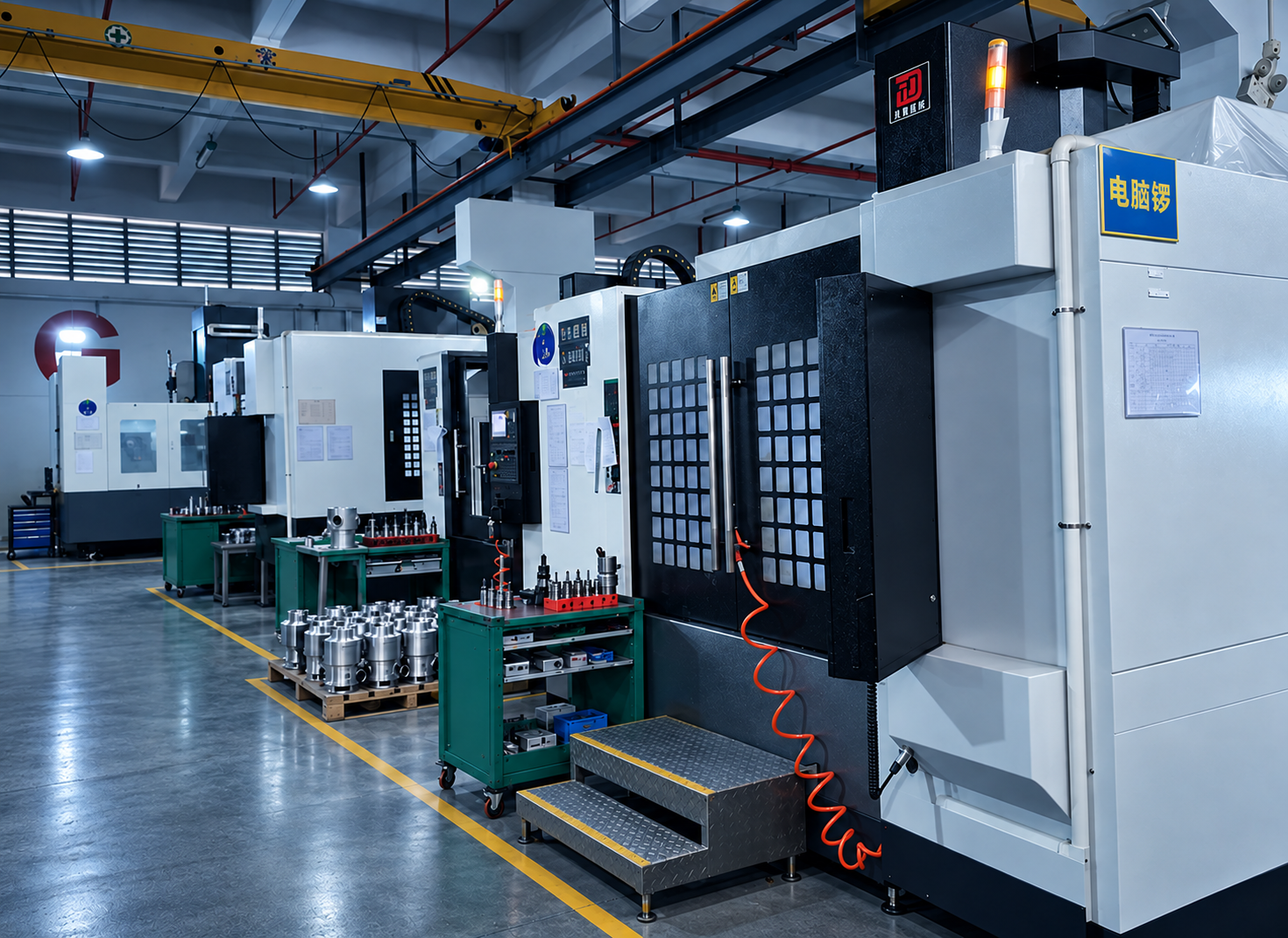 Industrial manufacturing facility with CNC machines, workbenches, and equipment in a well-lit workshop.
