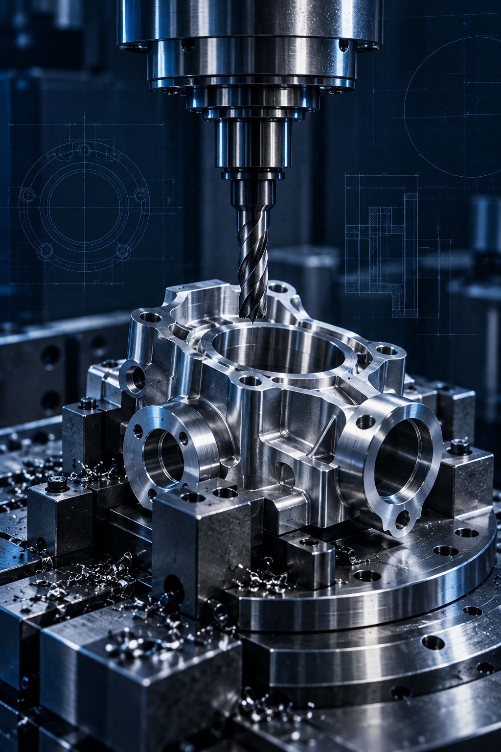 A close-up of a CNC machine drilling a metallic engine part with digital engineering schematics overlayed in the background.