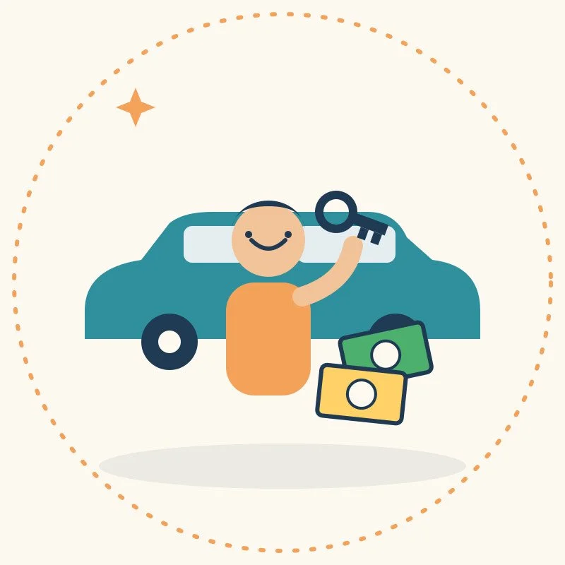 A cartoon person smiling, holding a large key in front of a blue car, with three color-coded dollar bills nearby, and a star in the background.