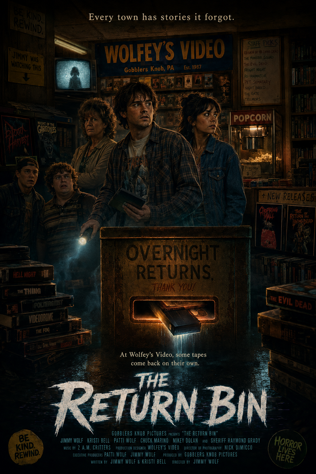 The Return Bin supernatural horror movie poster featuring a mysterious VHS tape connected to a Pennsylvania video store.