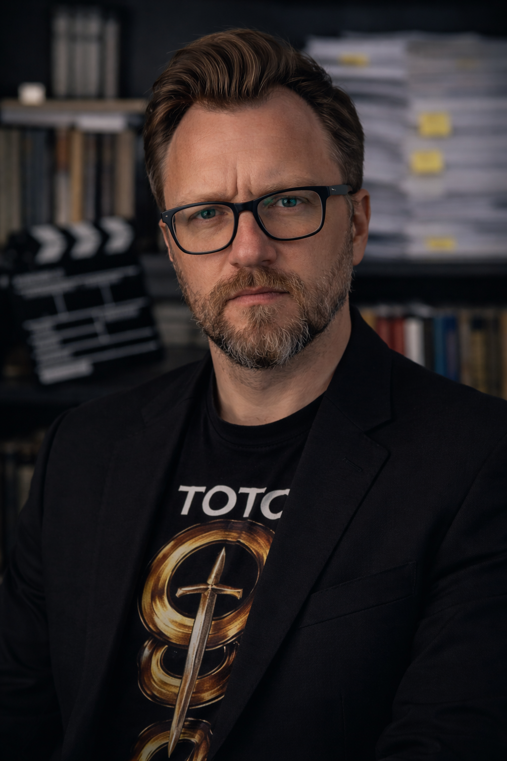 A man with glasses and a beard, wearing a black blazer and a graphic T-shirt with a sword design, seated in a room with shelves of books and papers in the background.