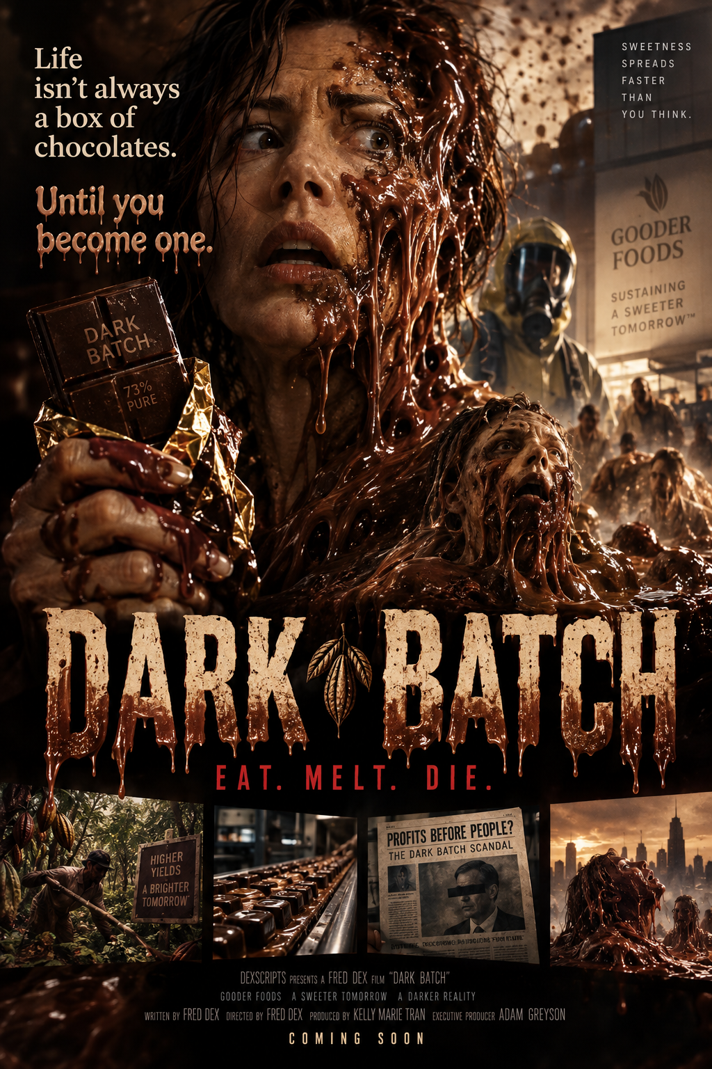 Dark Batch body horror movie poster featuring contaminated chocolate and victims transforming during a terrifying environmental outbreak.