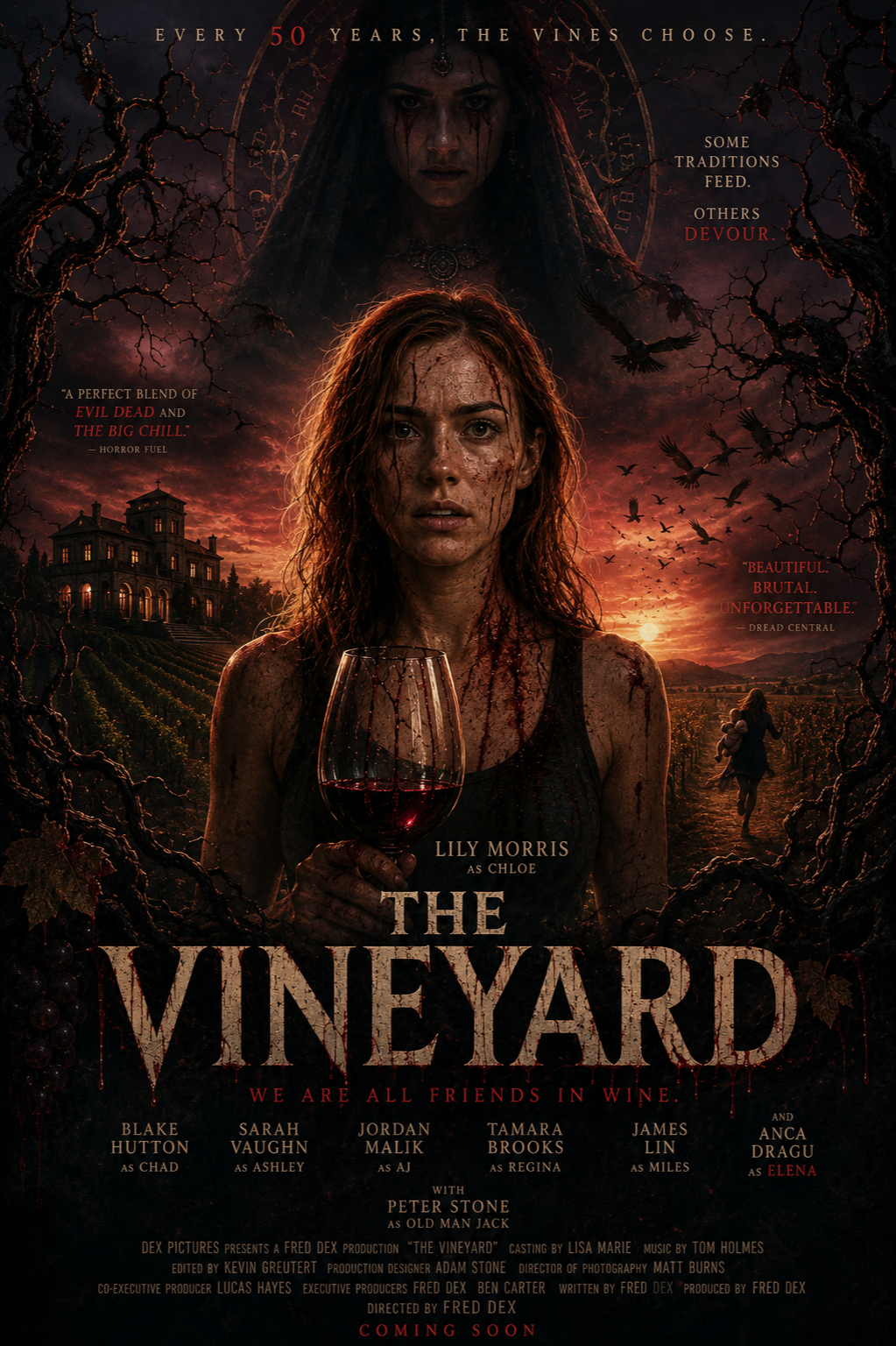 The Vineyard supernatural horror movie poster featuring an isolated vineyard and ominous imagery surrounding its guests.