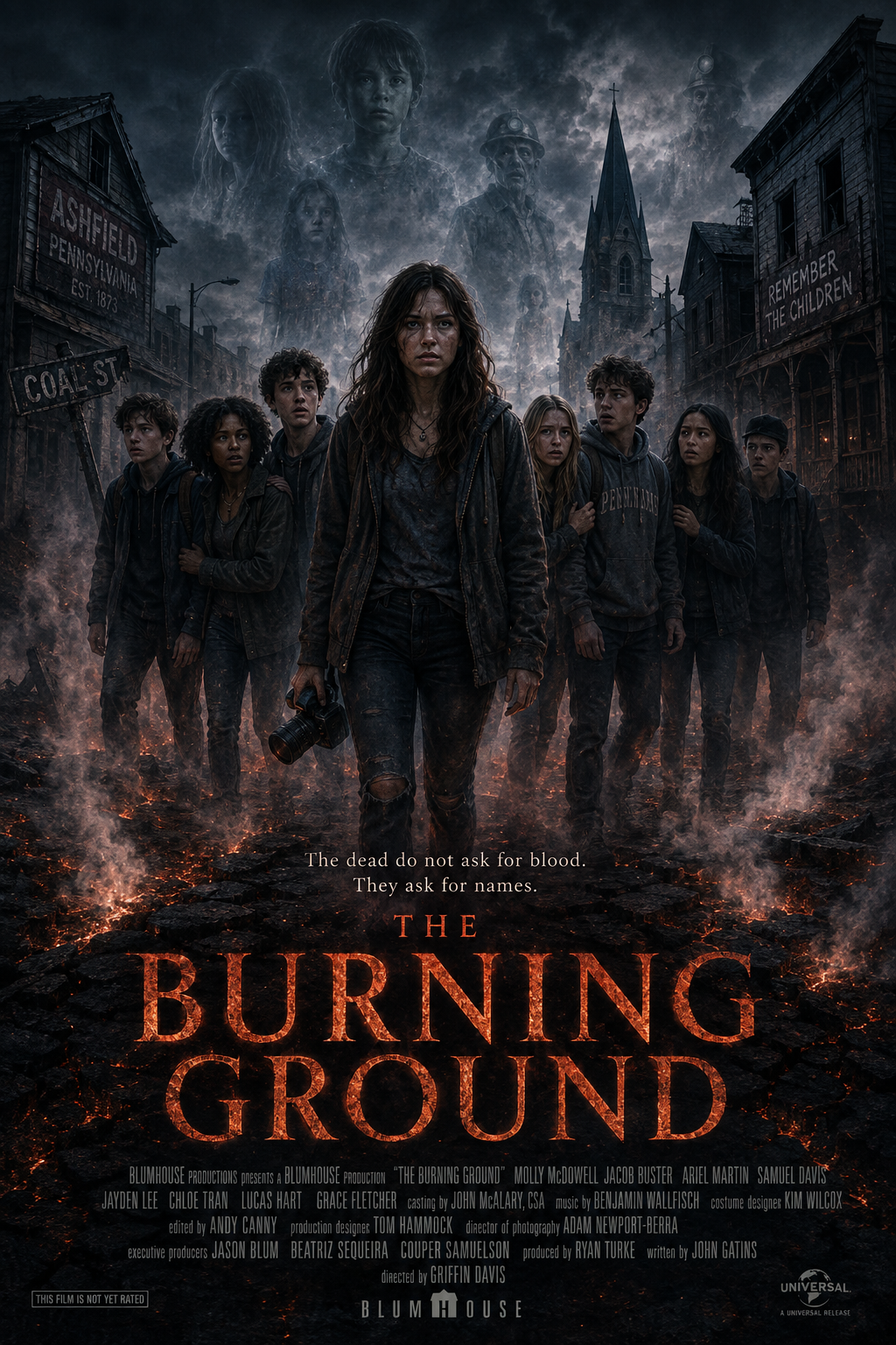 The Burning Ground supernatural horror movie poster featuring Lucy Harrow leading a group of teenagers through a decaying Pennsylvania coal town haunted by ghostly figures.