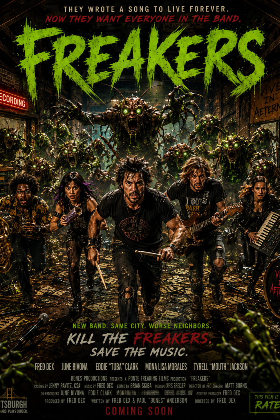 Freakers horror movie poster featuring a Pittsburgh rock band battling mutant radioactive insects inside a recording studio.