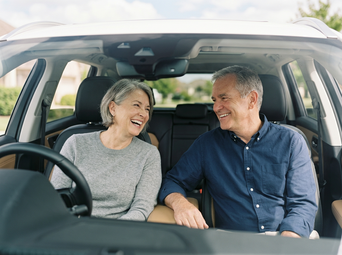 An elderly couple sitting inside a car, smiling and looking at each other.